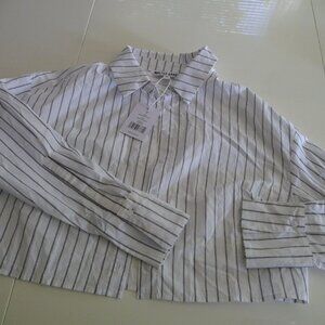 WALTER BAKER MONTANA MODERN CROPPED COTTON WHITE/BLACK TOP SHIRT WIDE CUFF M NWT